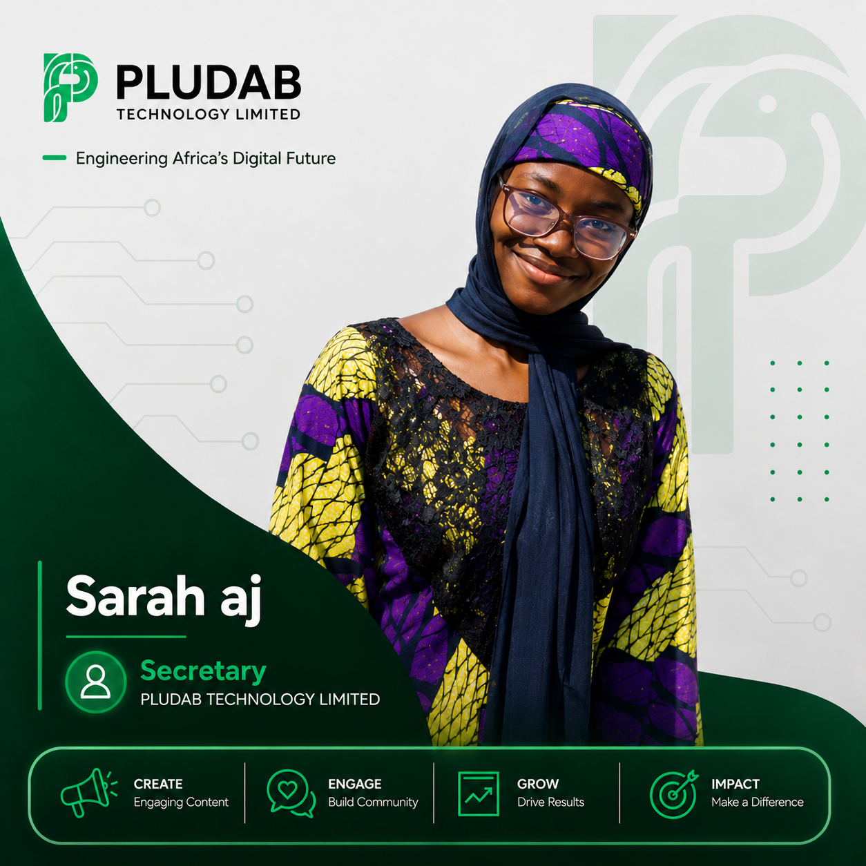 Sarah AJ, Secretary at PLUDAB Technology Limited