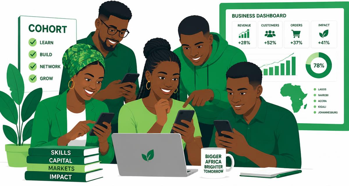 Young Nigerian entrepreneurs in a training cohort using mobile phones beside a programme performance dashboard