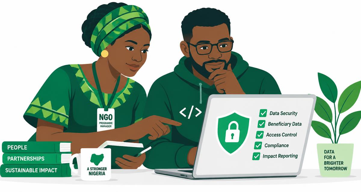 A Nigerian NGO programme manager and a software engineer reviewing a data protection and compliance checklist on a laptop