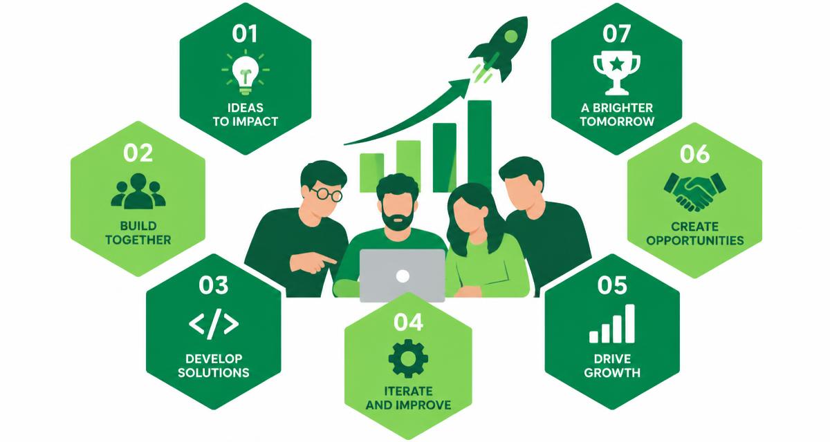 Seven numbered emerald-green hexagon badges around a software development team and a startup growth chart